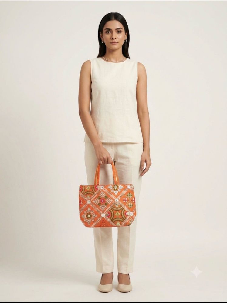 Vibrant Orange Zari &amp; Sequin Embroidered Ethnic Ha