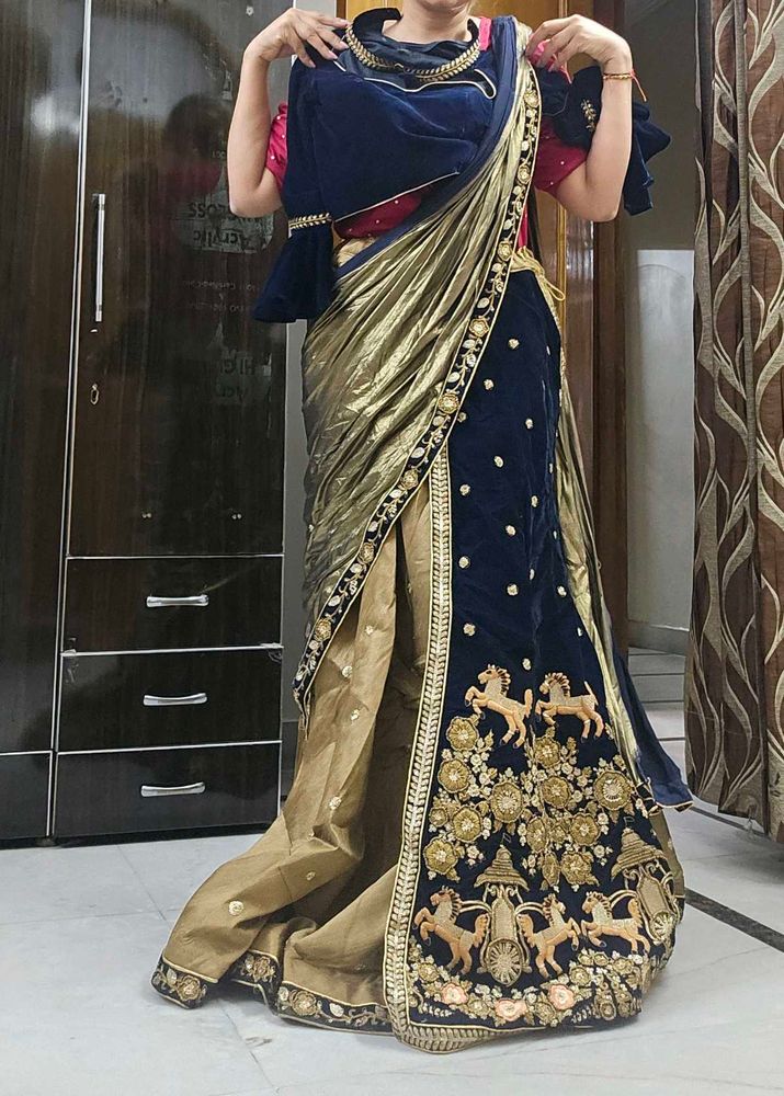 Party wear navy Blue lehenga saree
