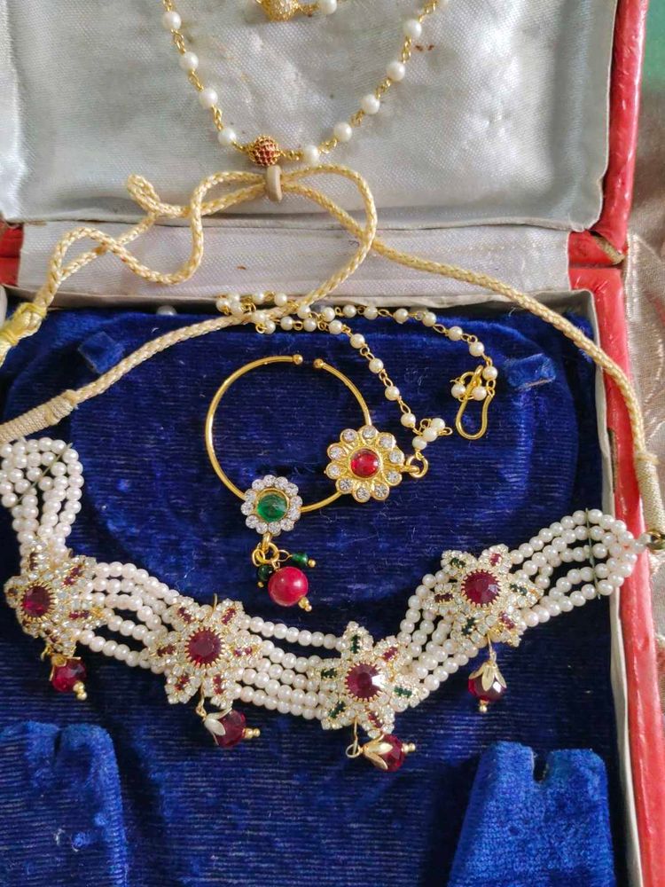 Elegant Pearl &amp; Ruby Indian Jewelry Set