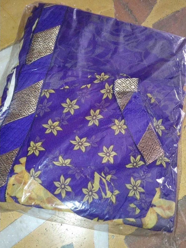 Purple Floral Saree with Gold Border