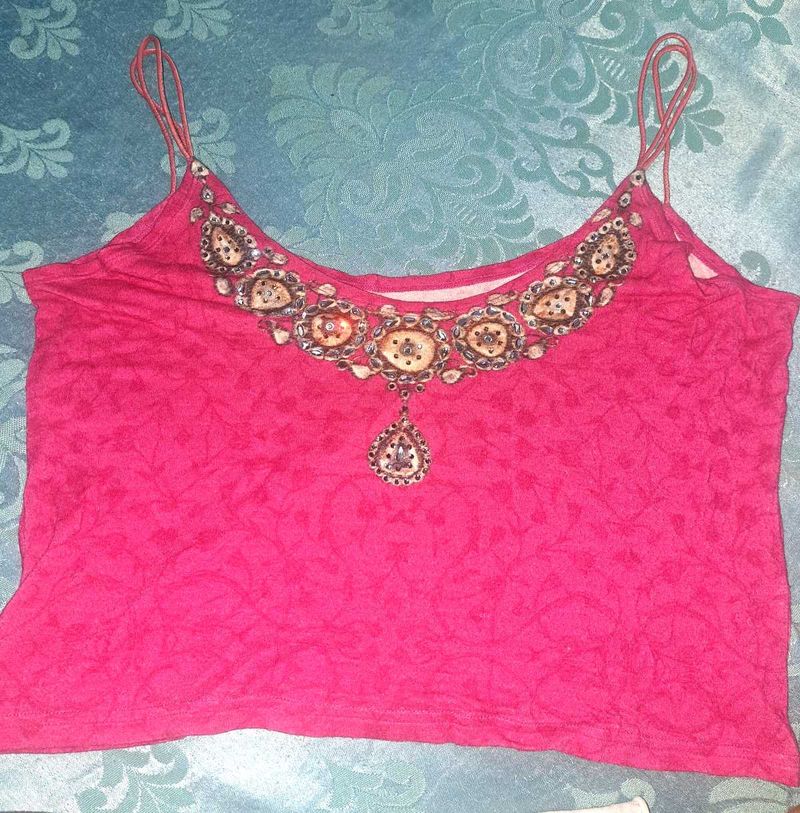 Embellished Pink Spaghetti Strap Top
