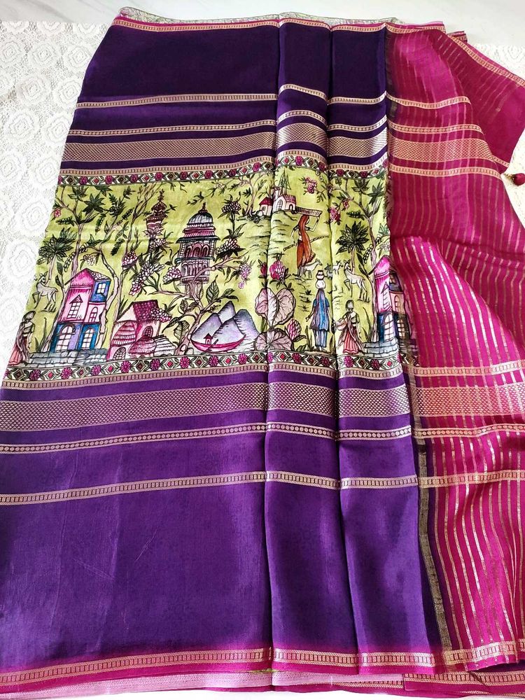 unique Saree with Village Scene Print