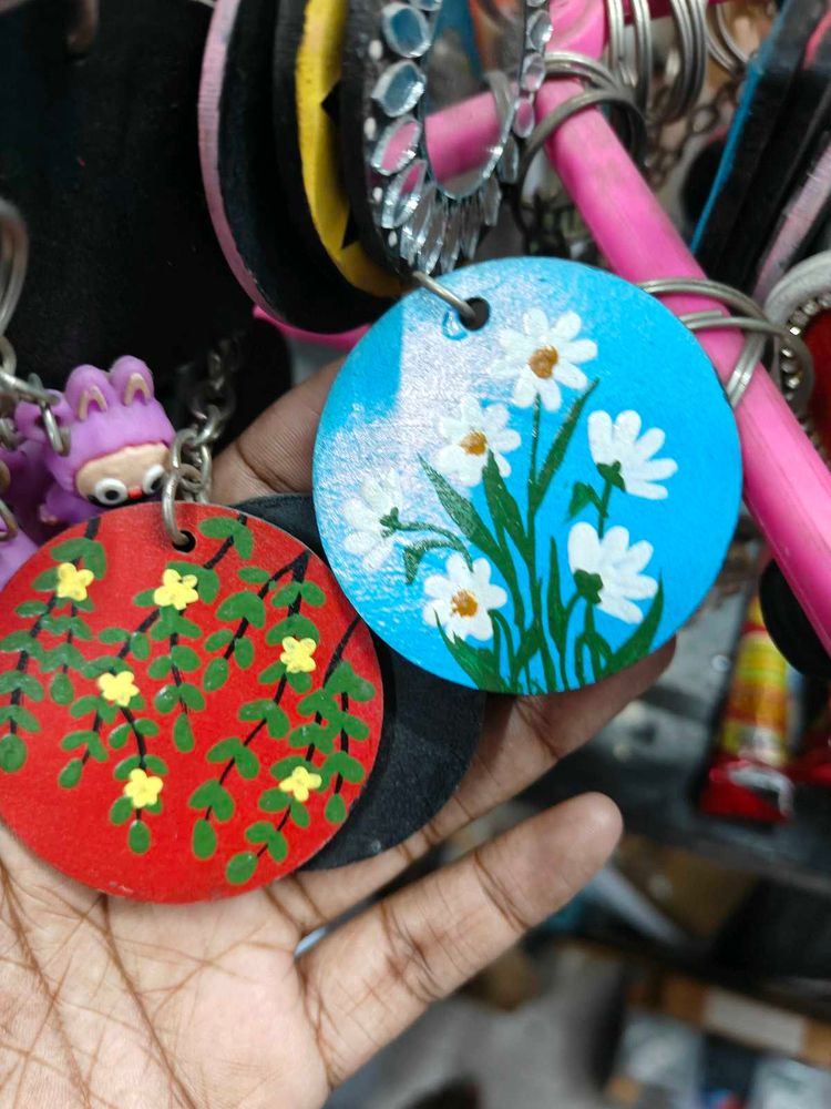 Hand-painted Floral Wooden Keychain
