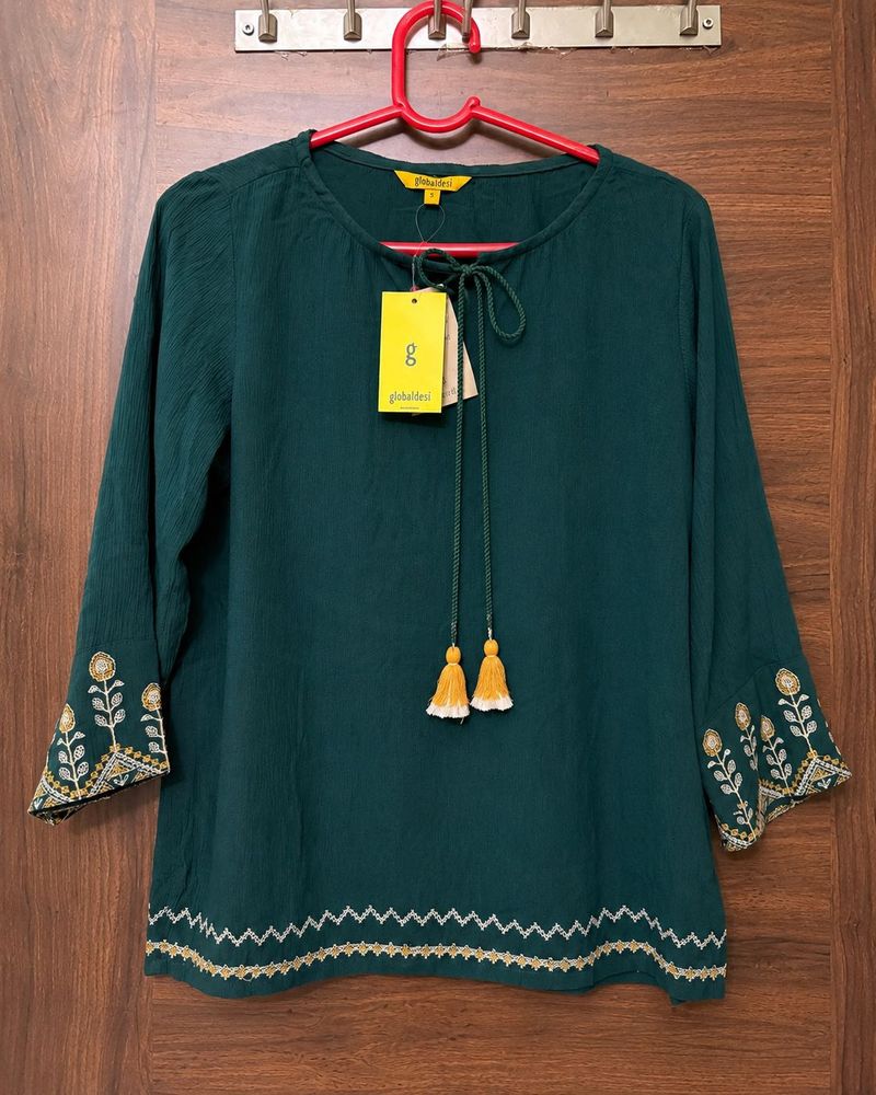 Global Desi Green Embroidered Viscose Top – Size S