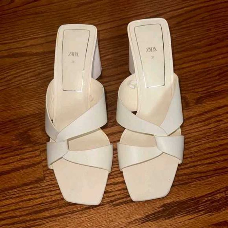Zara White Block Heels Mules