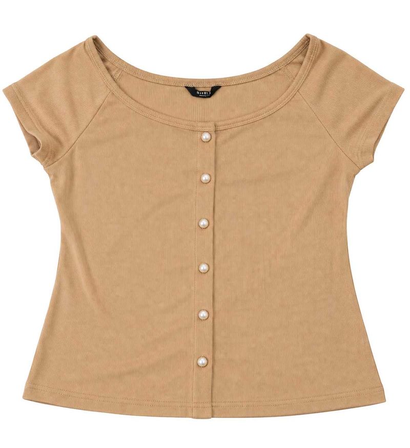 Ribbed Button-Up Top with Pearls
