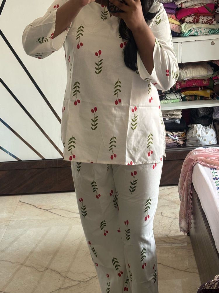 White Kurta Set with Cherry Print