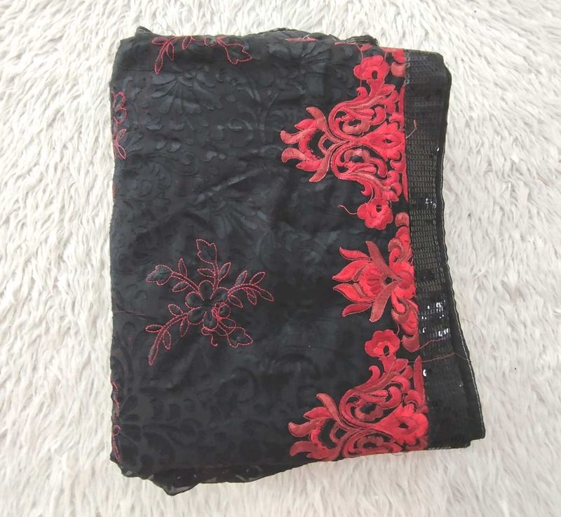 Black And Red Floral Saree (Women's)