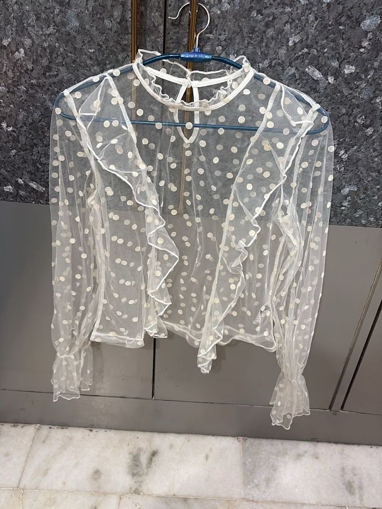 Shein Sheer Polka Dot Ruffle Top