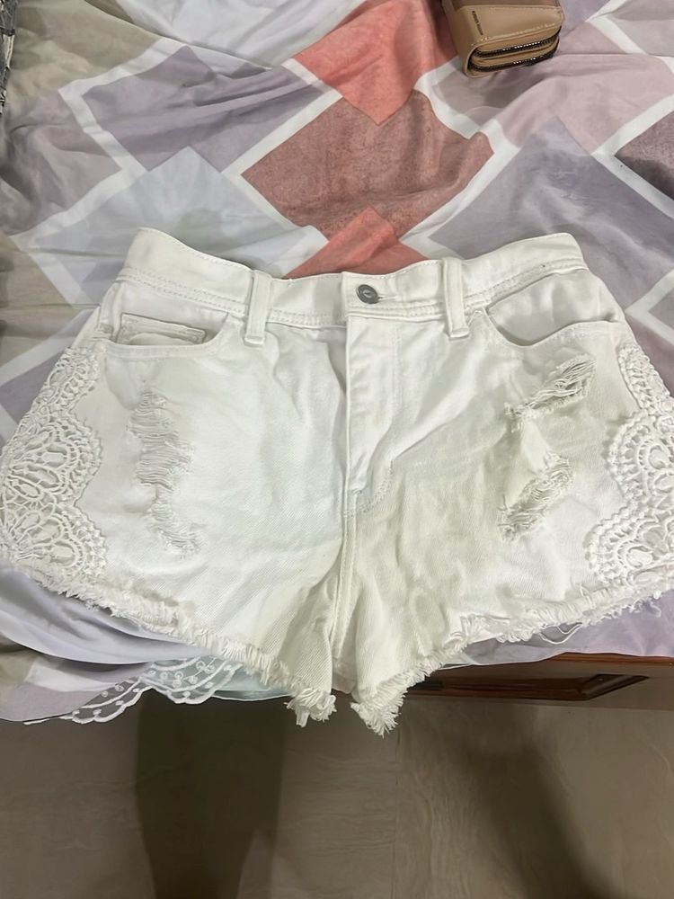White Lace Detail Ripped Denim Shorts