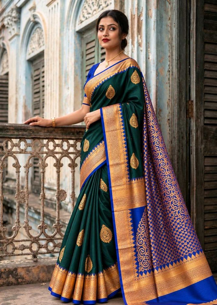 Elegant Green &amp; Gold Silk Saree