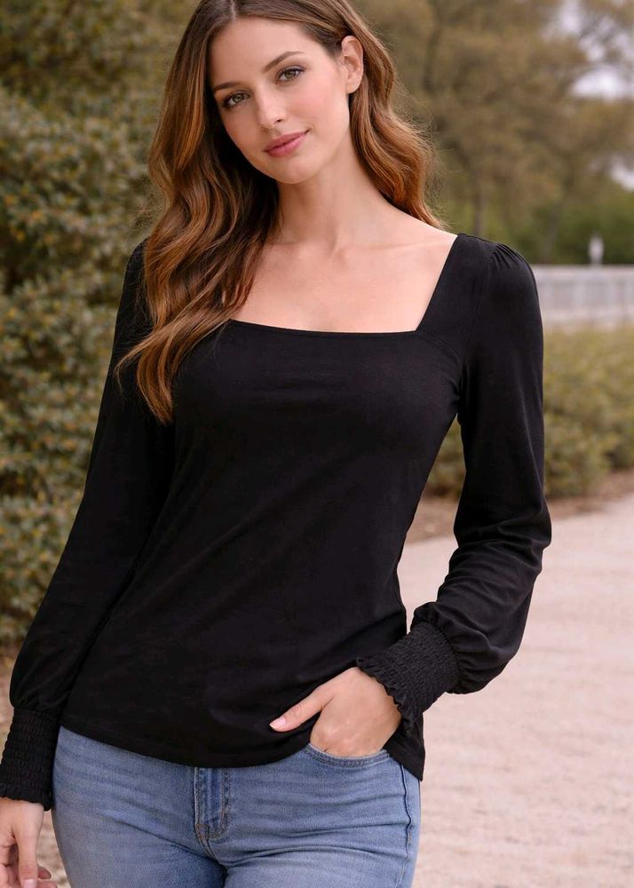 Black Square Neck Long Sleeve Top