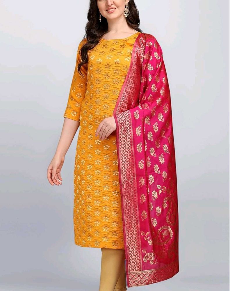 New Yellow kurta Set with Pink silk Dupatta