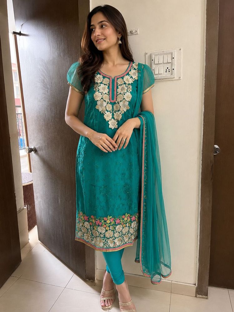 Beautiful Teal Kurta Set with Intricate Embroidery