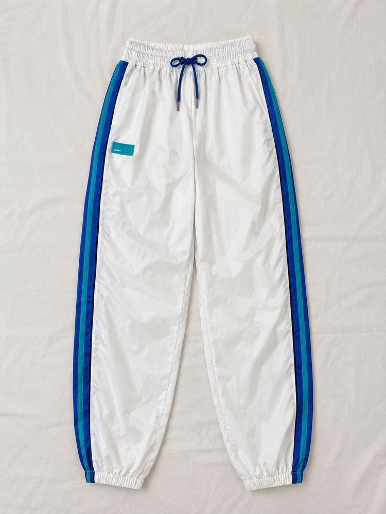 White Track Pants with Blue Stripes