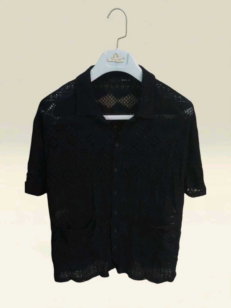 Chic Black Crochet Button-Up Top