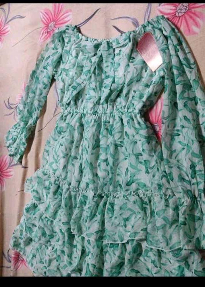 Green Floral Chiffon Ruffle Dress