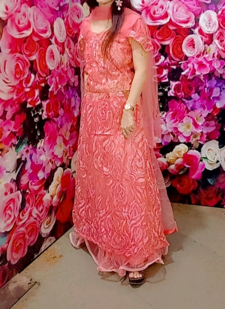 Rose Detailed Coral Anarkali Lahenga