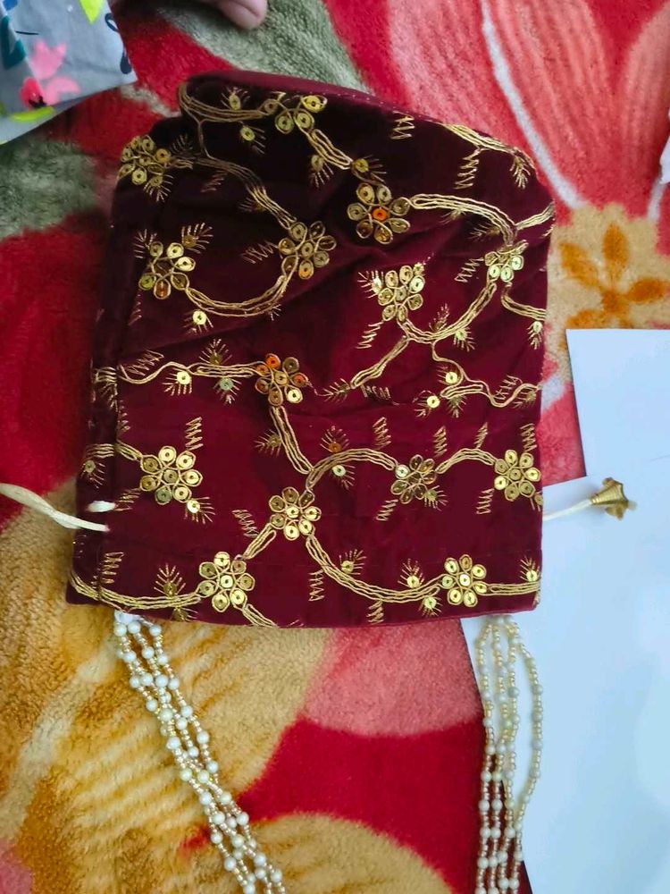 Embroidered Maroon Potli Bag