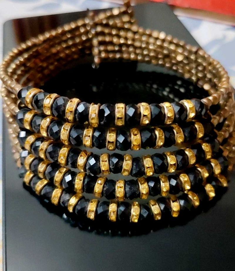 Chic Black &amp; Gold Beaded Coil Bracelet