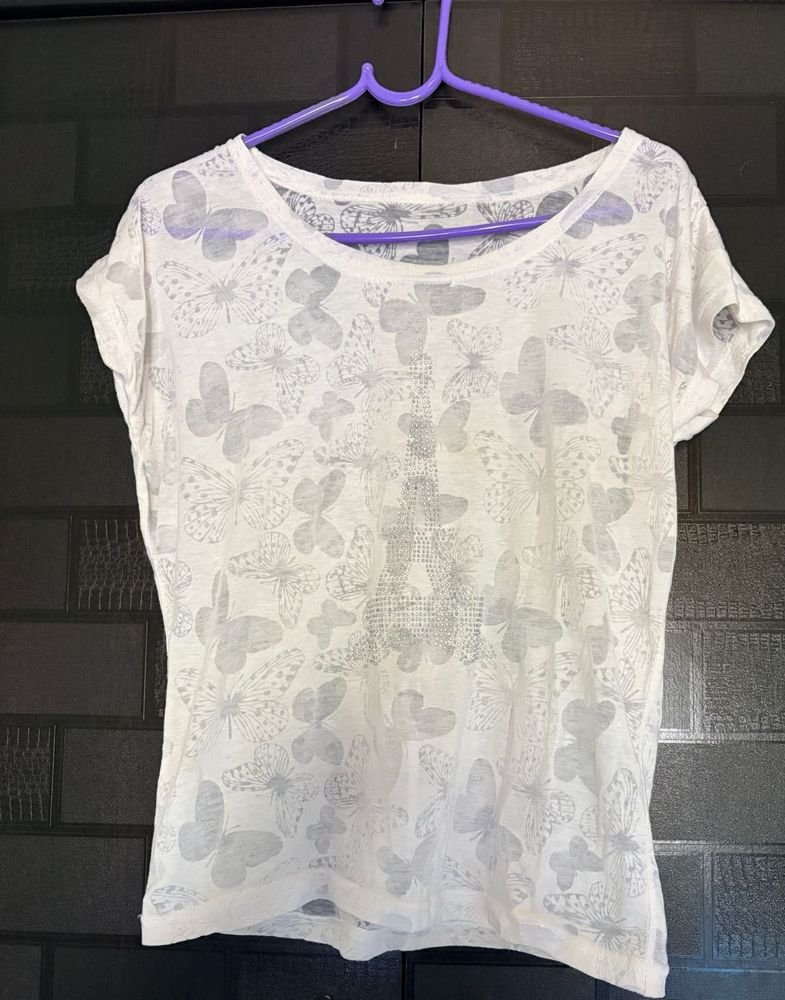 White Butterfly Print T-Shirt