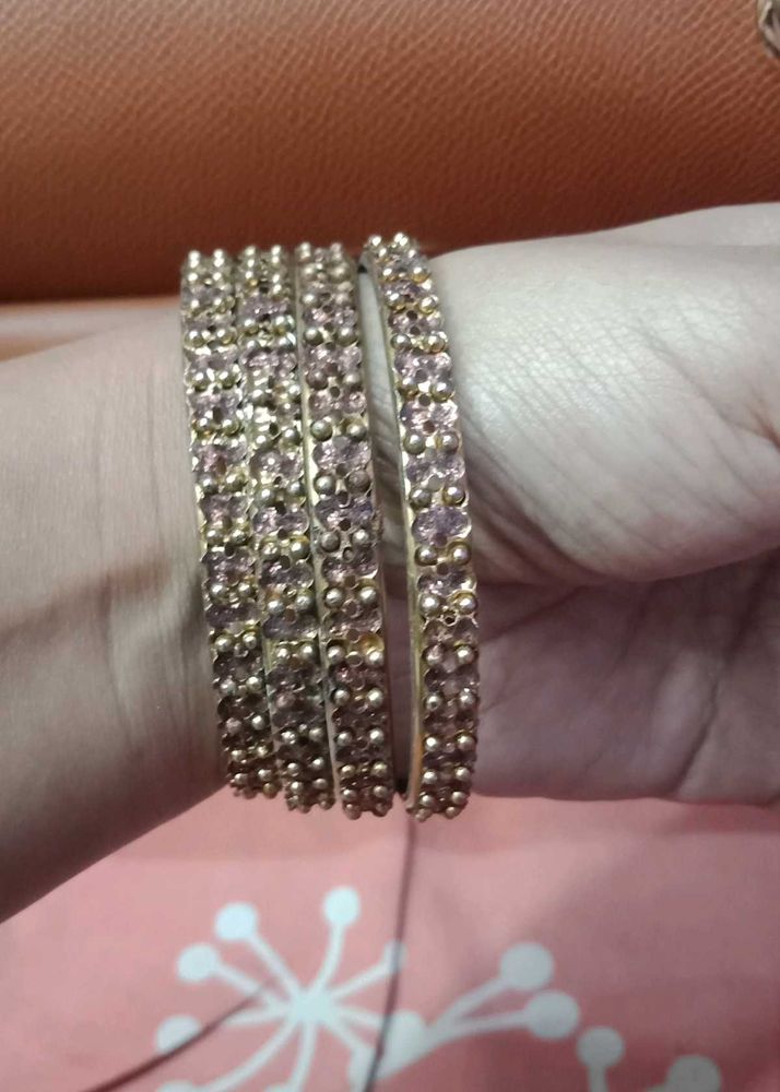 Elegant Gold &amp; Pink Stone Bangles