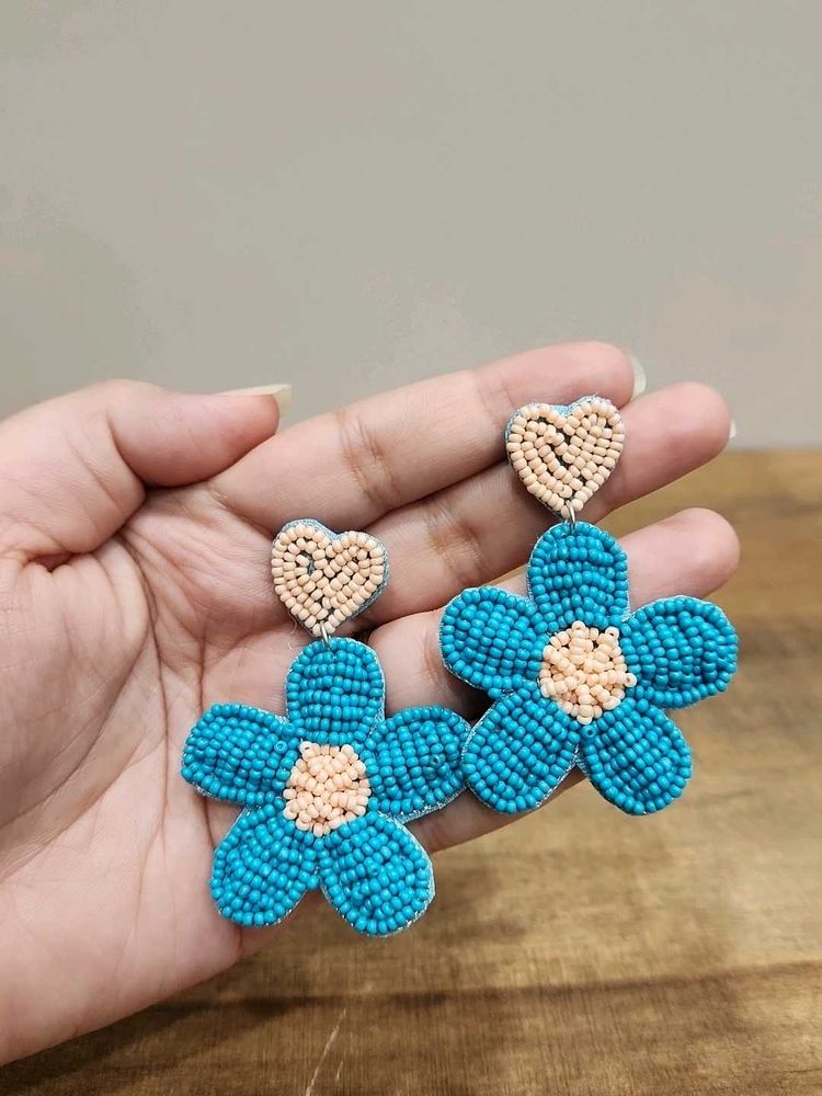 Turquoise Beaded Flower Heart Earrings
