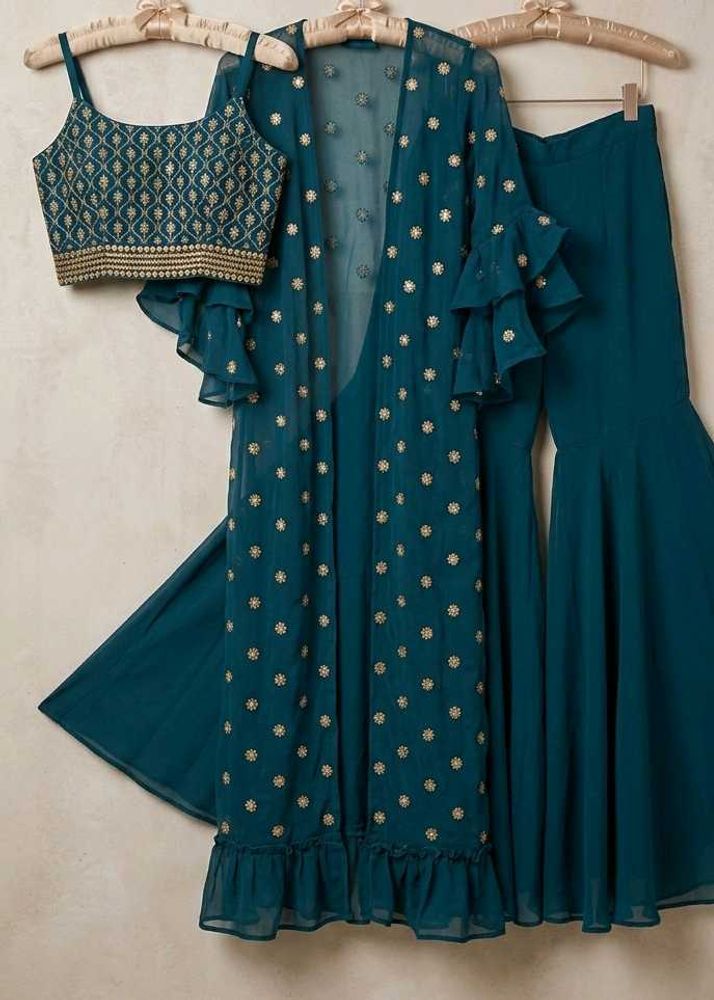 Teal Embellished Kurta Set with Palazzo