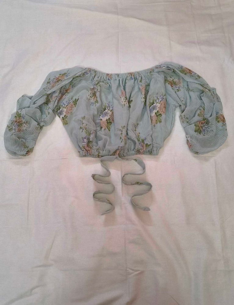 Light Blue Floral Print off shoulder Crop Top