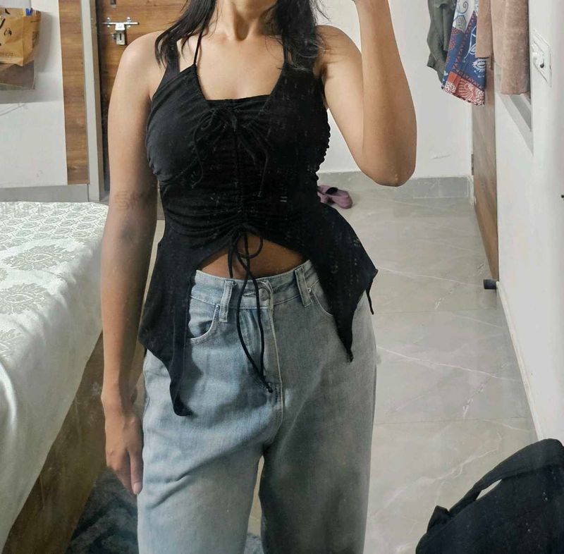 Black Lace-Up Crop Top