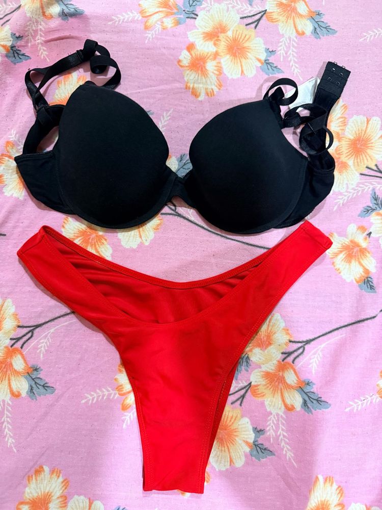 Black Bra and Red Thong Set