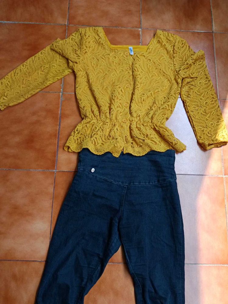 Mustard Yellow Lace  Top with high  waist jeans