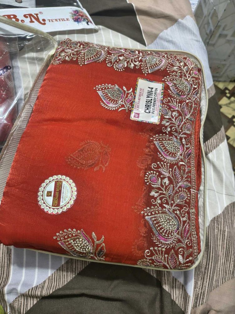 New Embroidered Red Saree