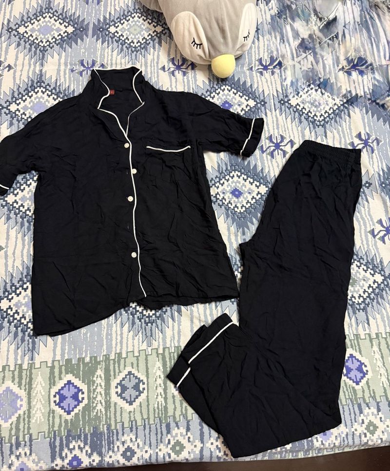Black Pajama Set with White Piping