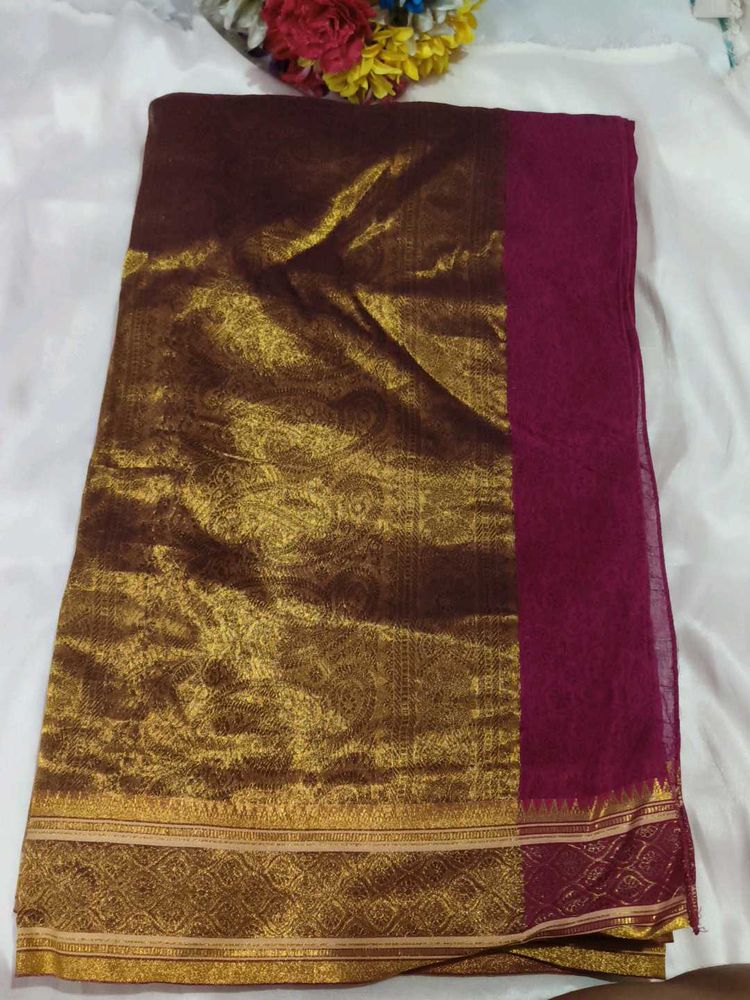 Elegant Maroon &amp; Pink Silk Saree with blouse