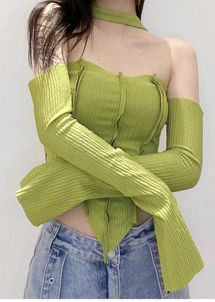 Lime Green Ribbed Cutout Top with Sleeves