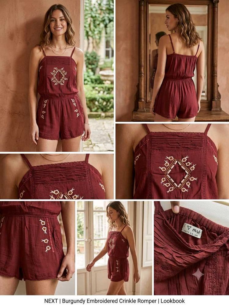 Premium Embroidery Burgundy Crinkle Romper