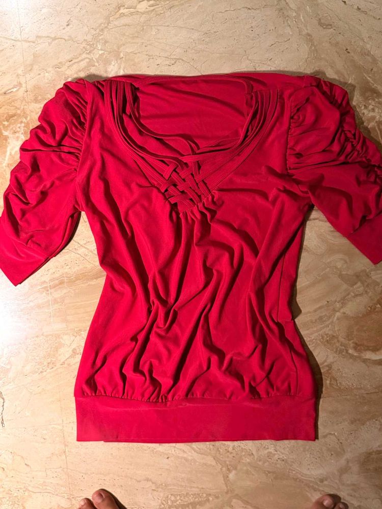 Vibrant Red Ruched Sleeve Top
