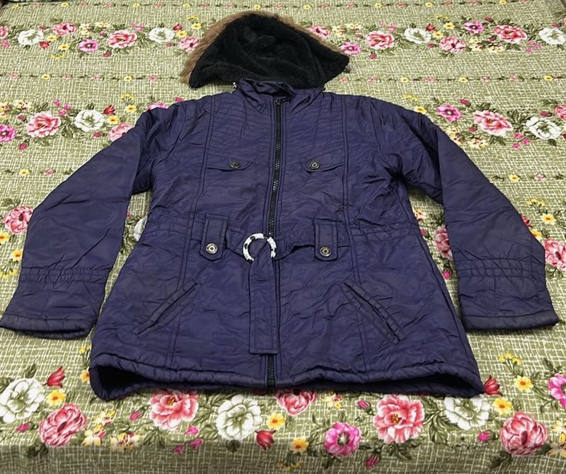 Stylish Blue Winter Jacket with Fur Hood