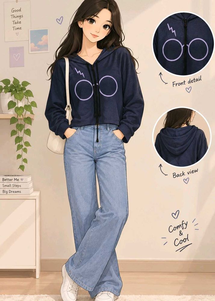 Navy Blue Cropped Hooded Zipper Top with Graphic P