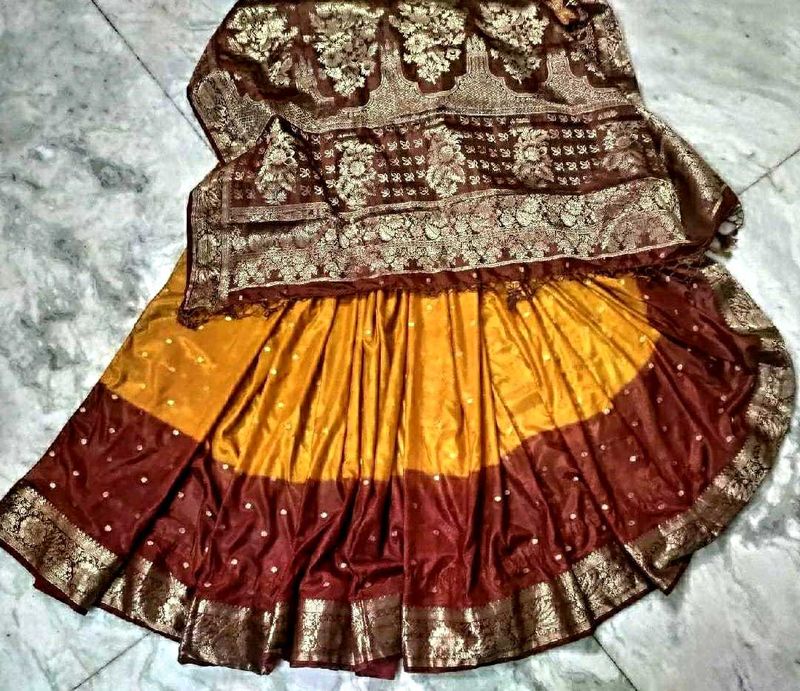 mustard yellow meroon Pure Silk Saree