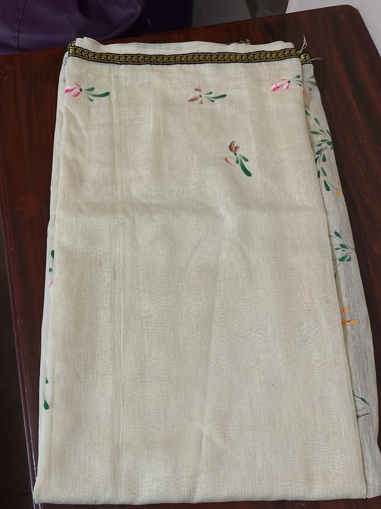 White Cotton Saree With Floral Prints