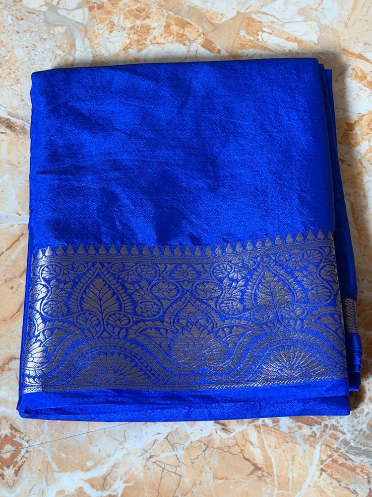 royal blue with silver zari border mysore crepe il