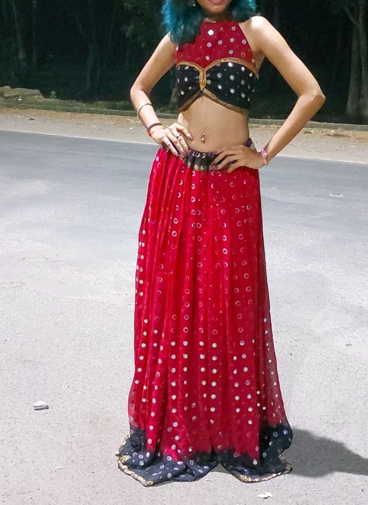 y2k Red &amp; Black Embellished Lehenga Set