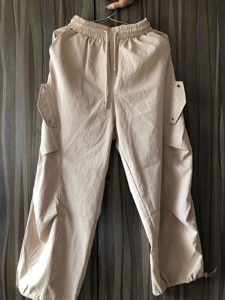 Beige Parachute Cargo Pants
