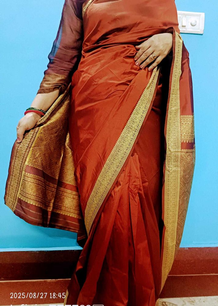 Vintage Orange Patterned Fabric Elegant Saree