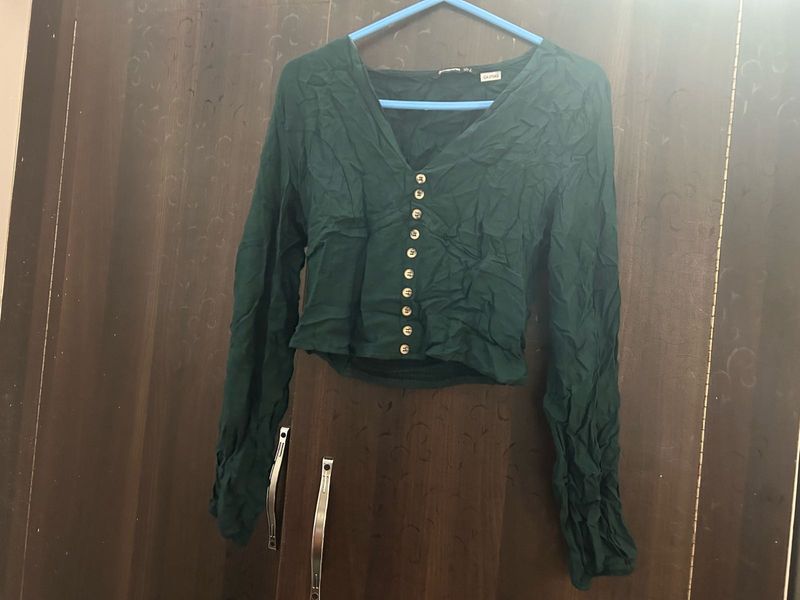 Emerald Green V-Neck Button-Up Top