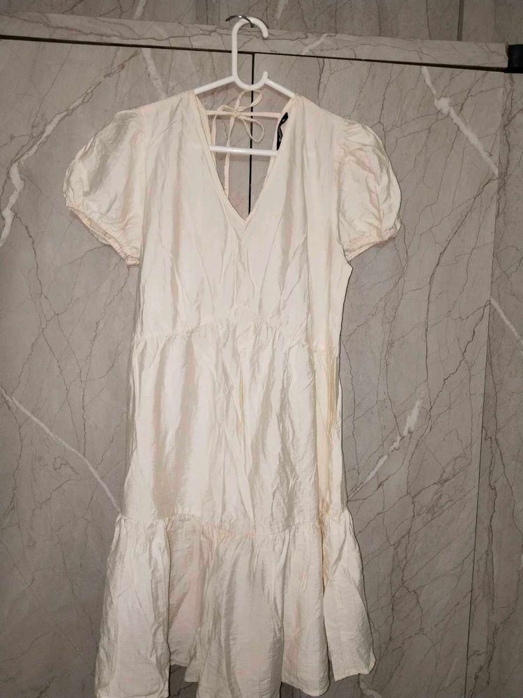 Cream Puff Sleeve Tiered off white Dress