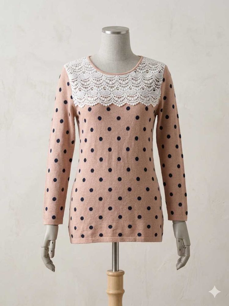 Pink Polka Dot Lace Trim Sweater