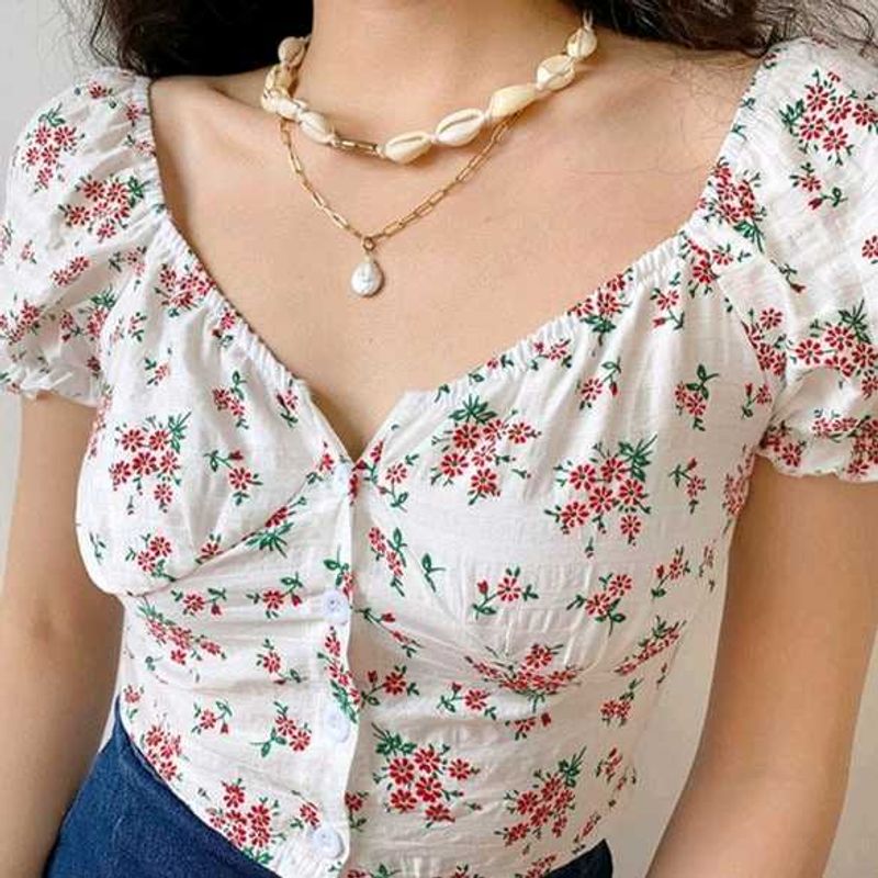 Vintage Floral Print Puff Sleeve Top